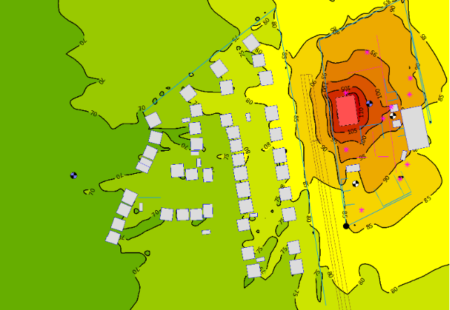 SoundPLAN noise contour map showing canopy-dominated propagation and barrier protection of residential plots